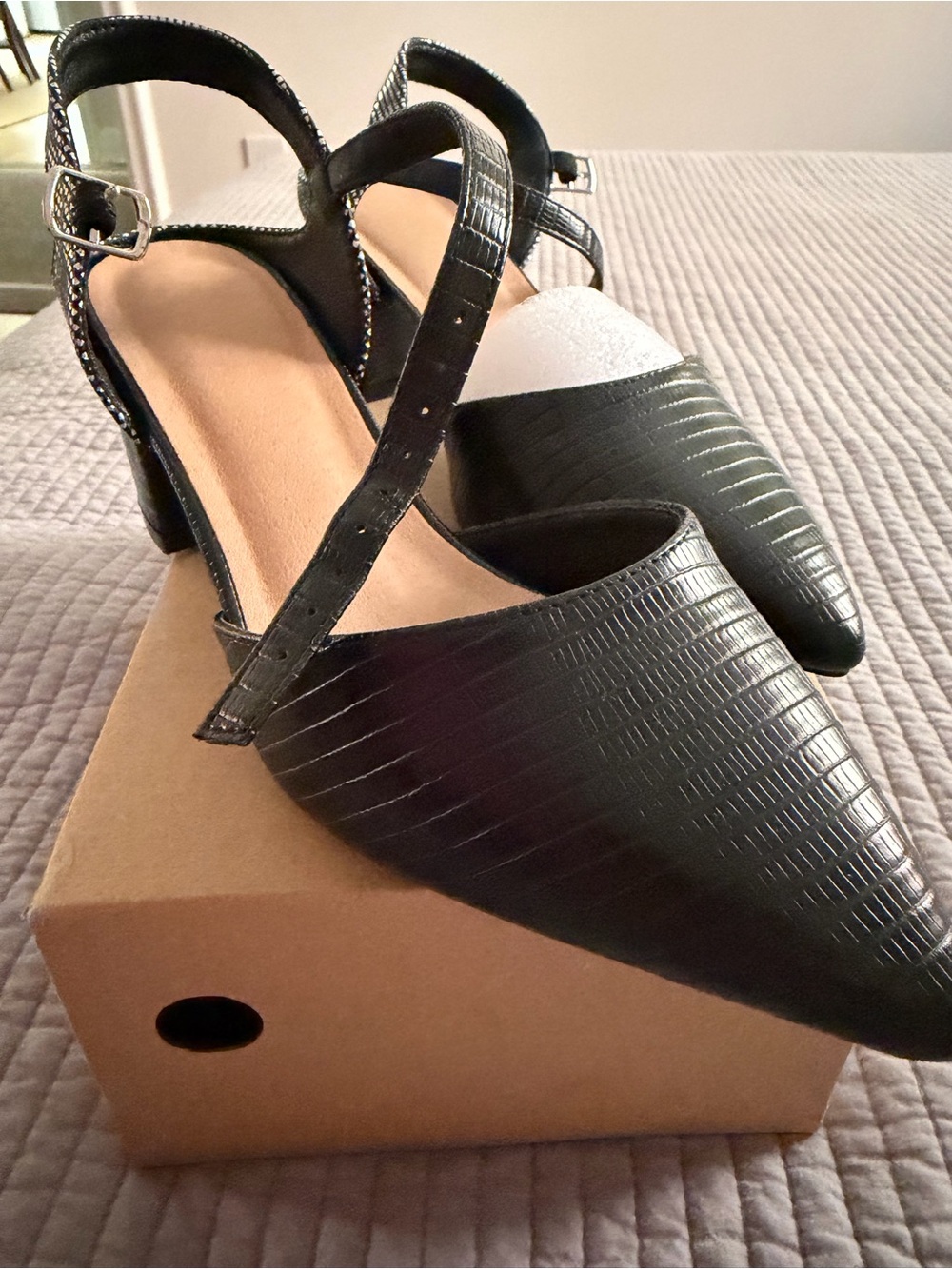 Textured Black Pointed-Toe Ankle-Strap Heels